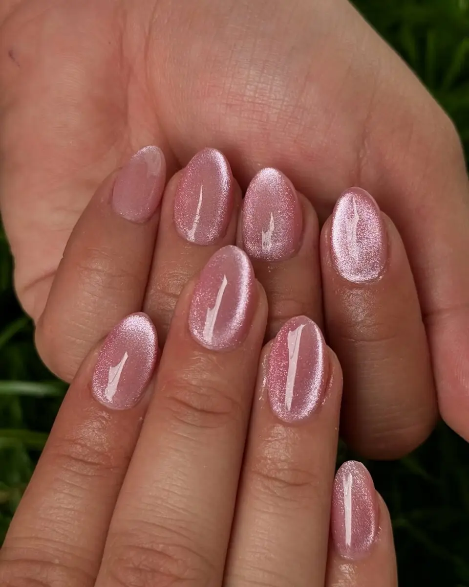 Soft pink cat eye nail design in focus