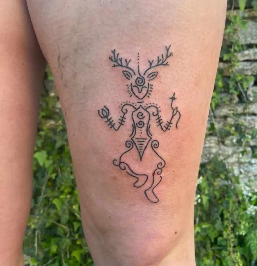 Intricate Celtic folk art tattoo with deer