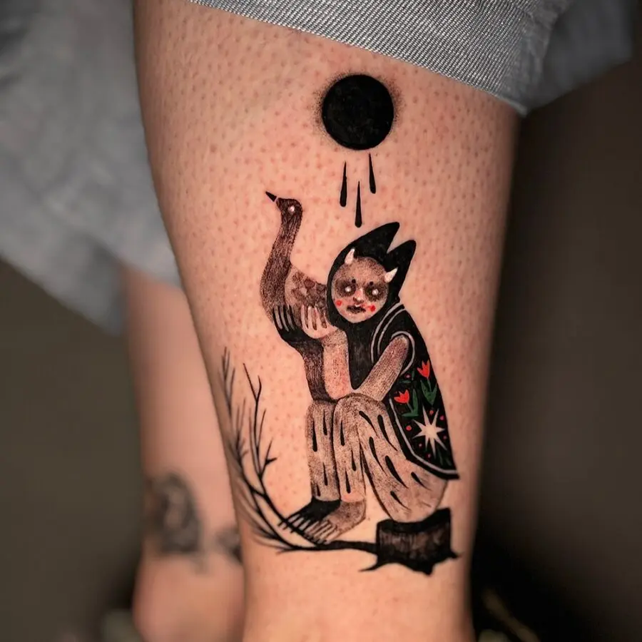 Artistic Celtic tattoo of woman and goose