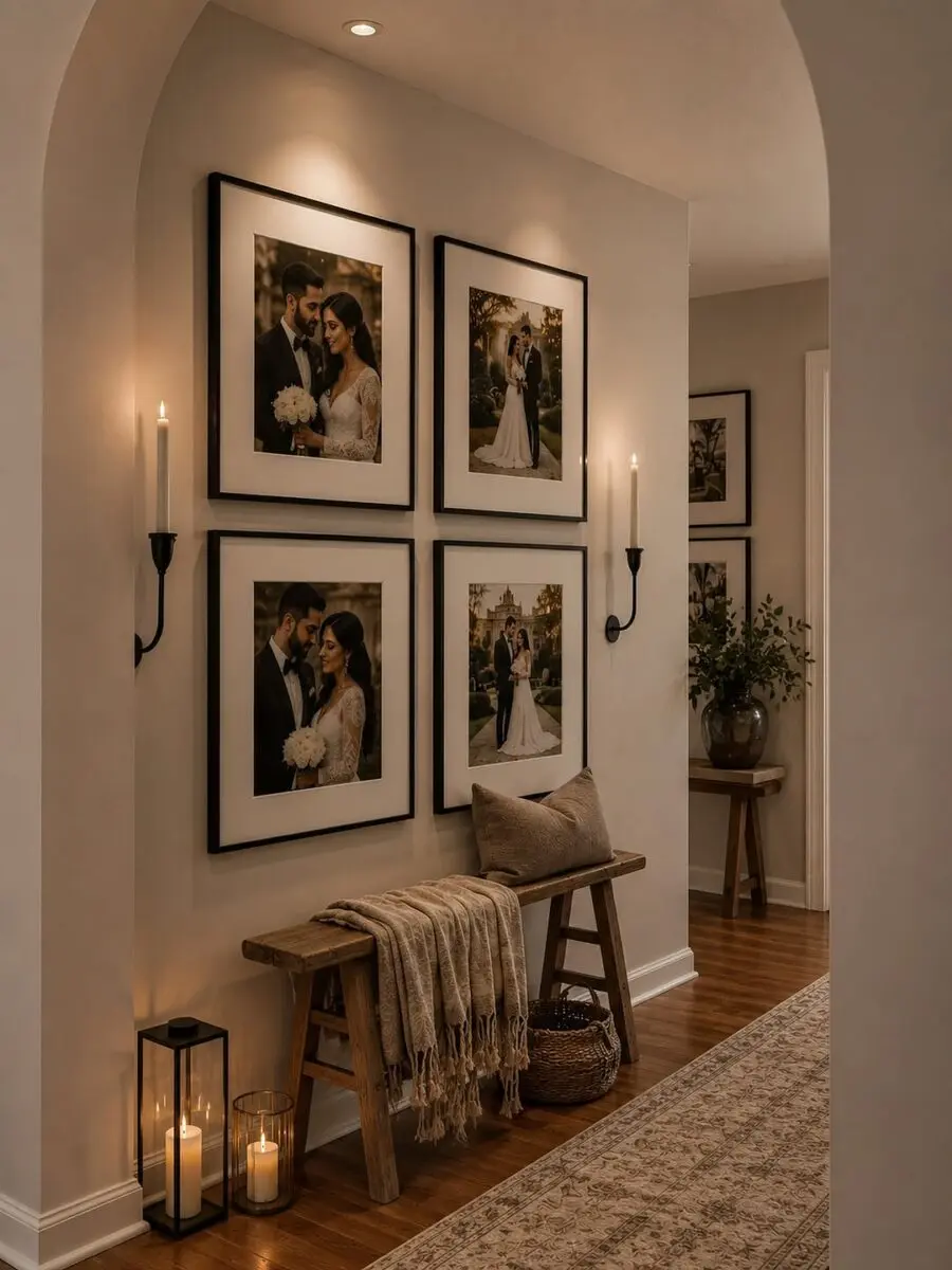 Elegant hallway with framed artwork and soft lighting