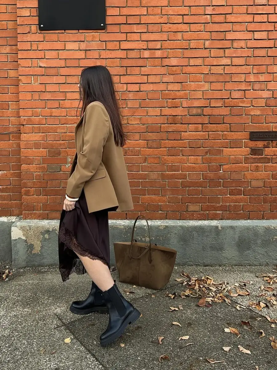 Chic Chelsea Boots with Brown Dress Ensemble