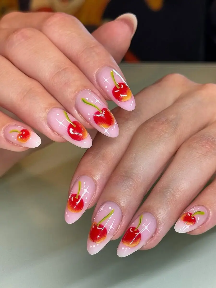 Charming cherry nail art in glossy finish