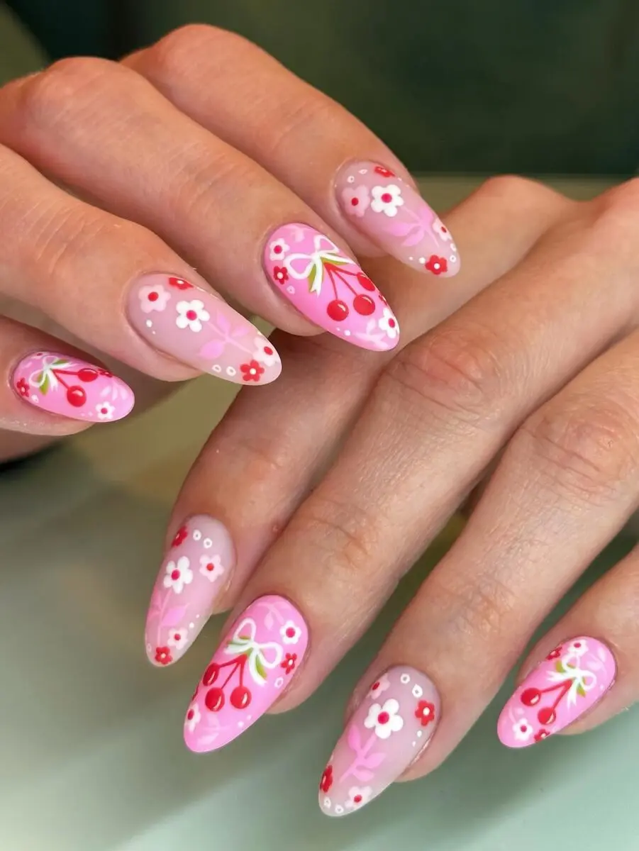 Cherry-Inspired Floral Nail Art Design