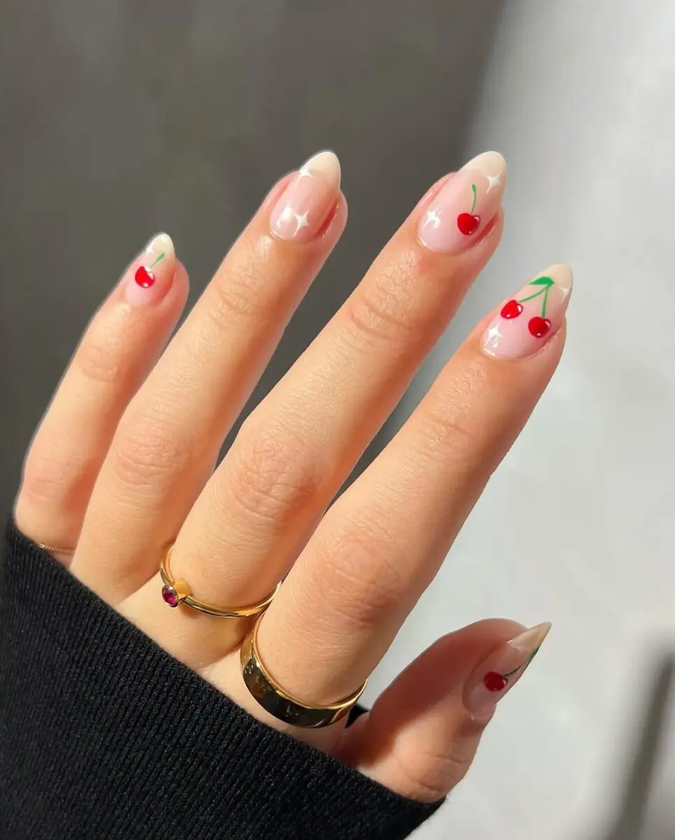Charming cherry nail art with a French twist