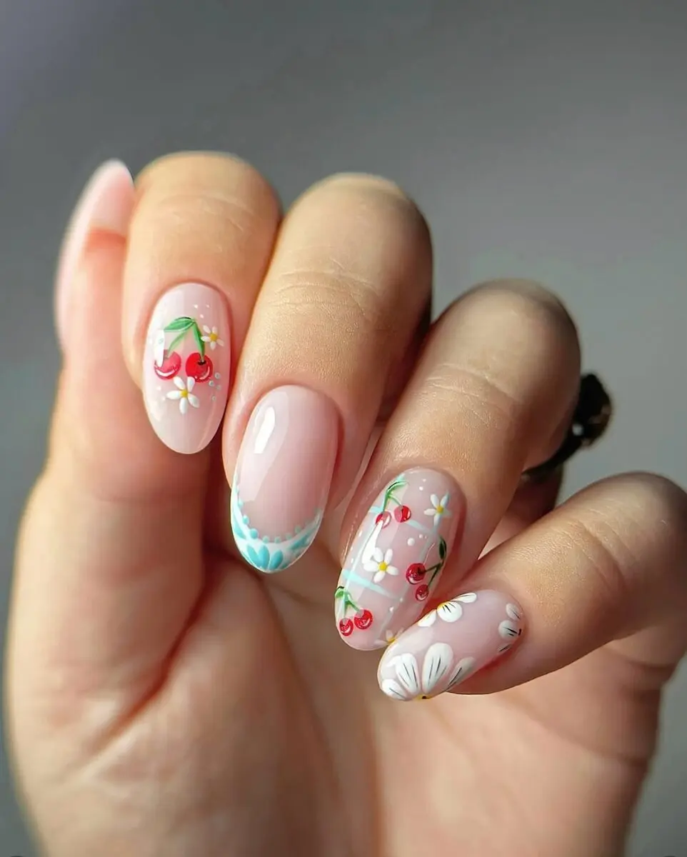 Charming Cherry Nail Art with Floral Touches
