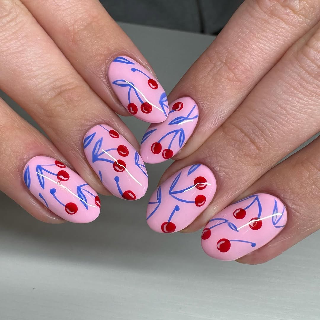 Charming cherry nail art design in pink