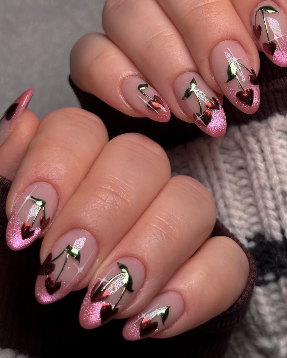 Cute cherry nail art with sparkling tips