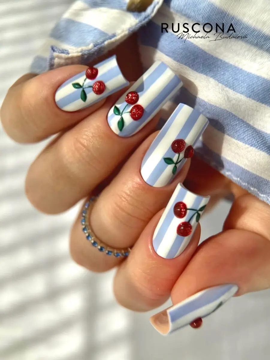 Chic Cherry Themed Nail Art Design