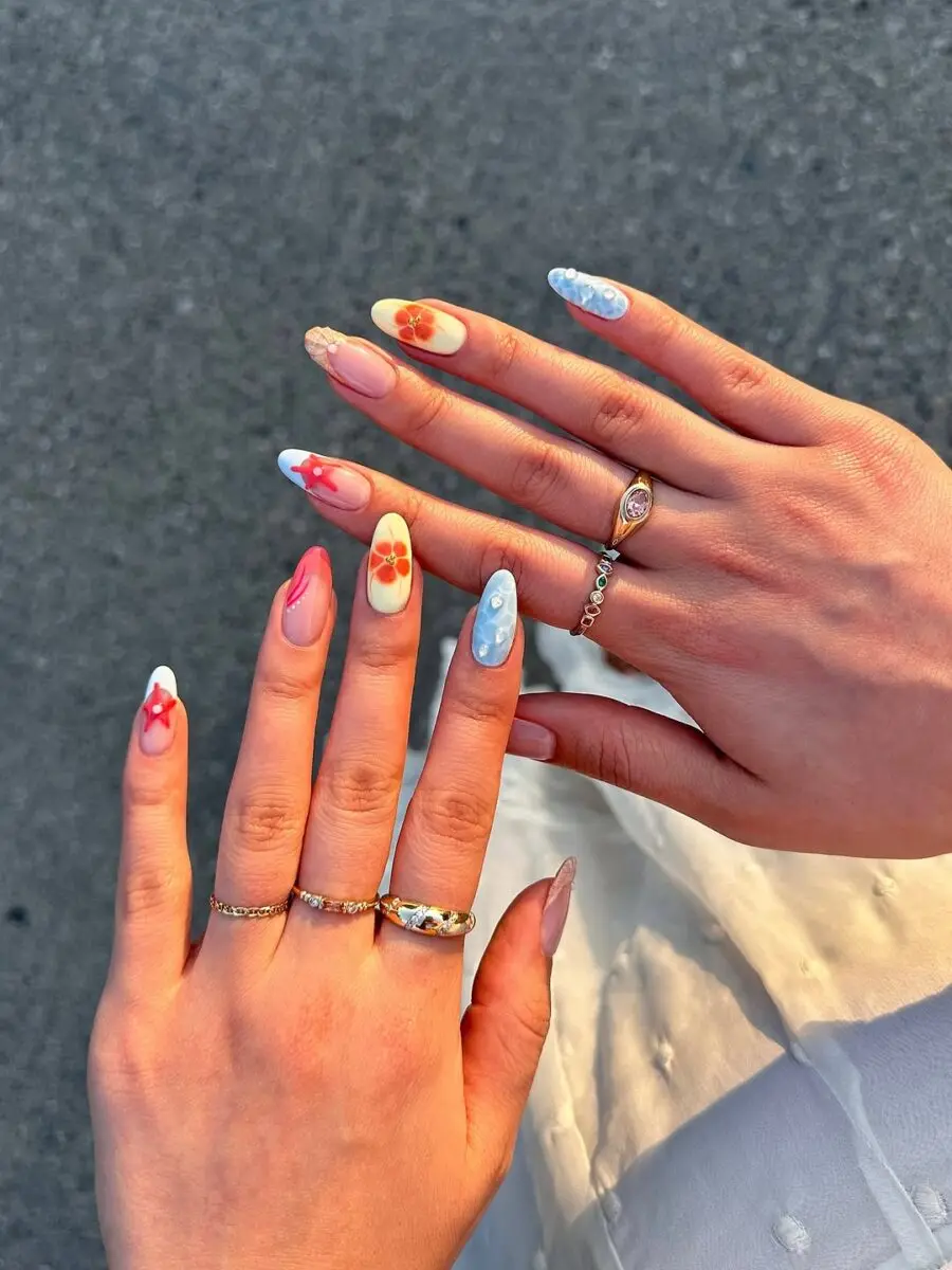 Vibrant Beach Nails with Floral Accents