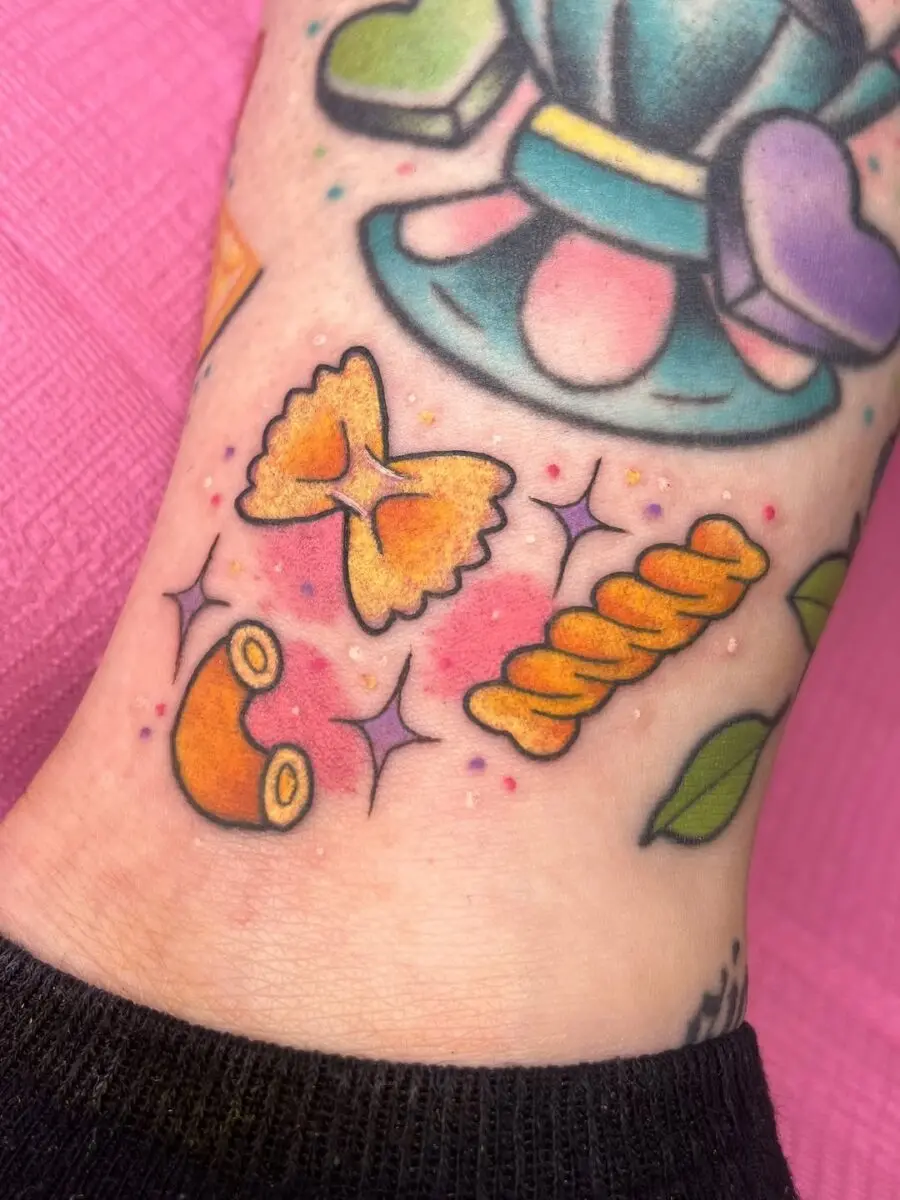 Fun and vibrant pasta-themed tattoo collection