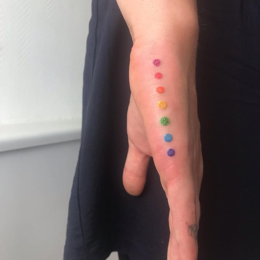 Vibrant rainbow dots tattoo on side hand