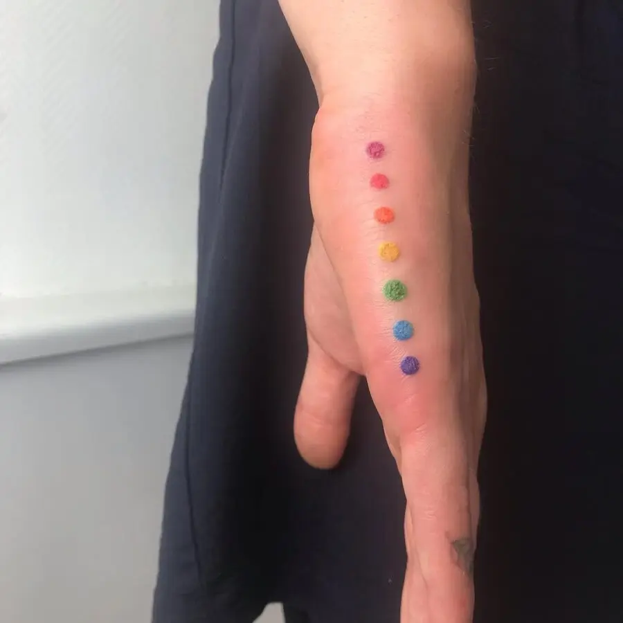 Vibrant rainbow dots tattoo on side hand