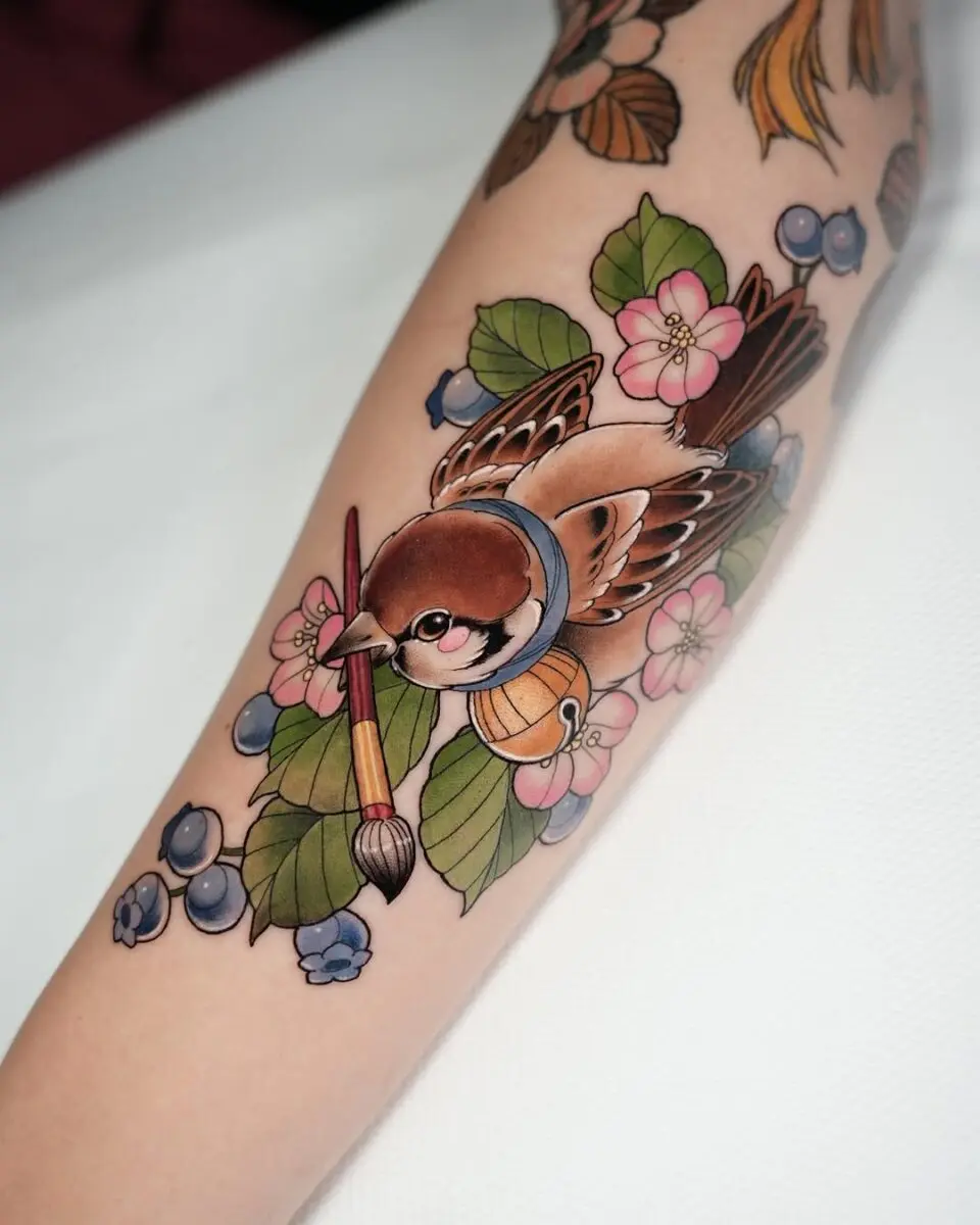 Stunning Colorful Sparrow Among Floral Elements