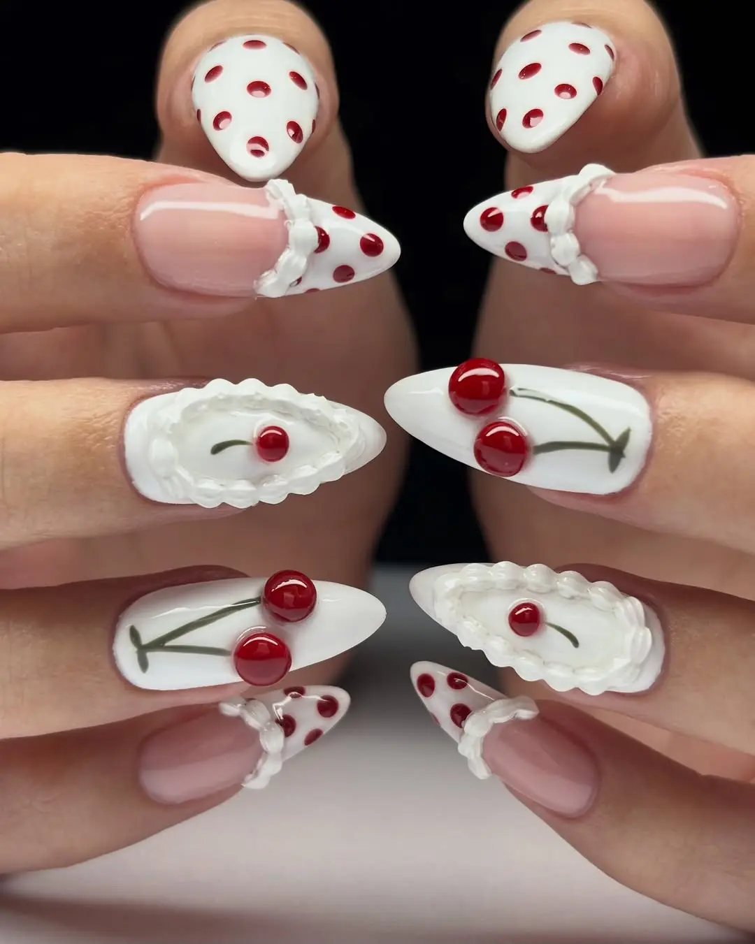 Charming Cherry Designs on Coquette Nails