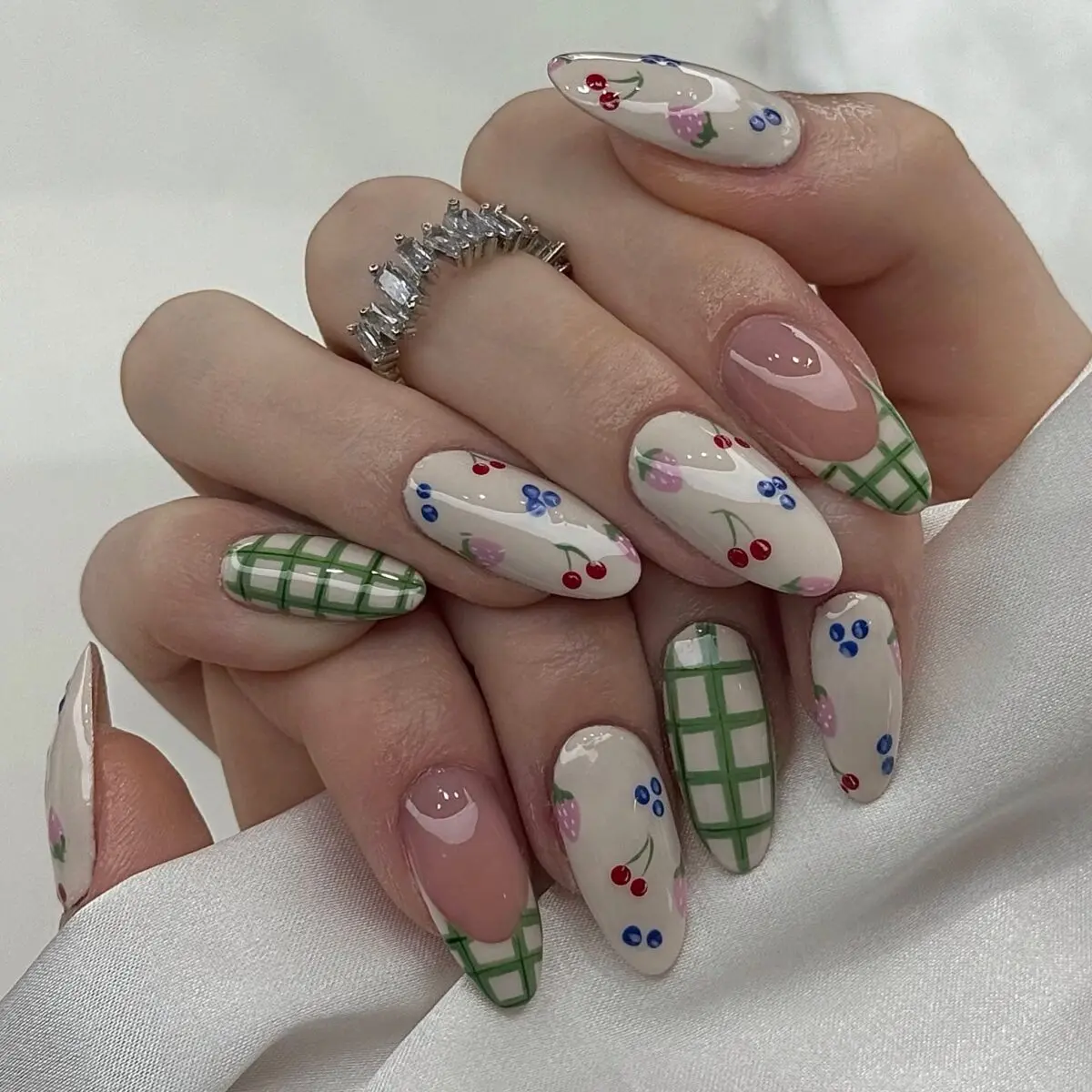 Charming Floral Coquette Nails with Cherry Accents
