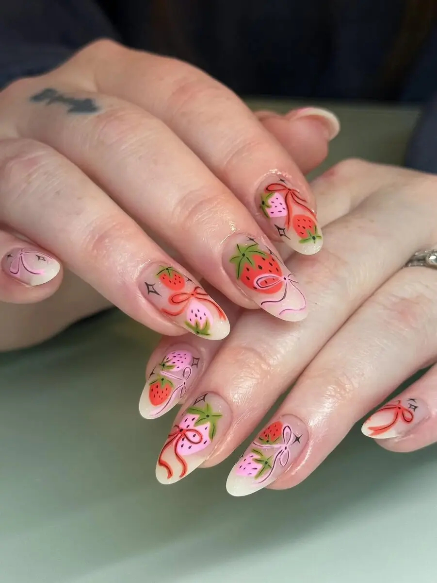Charming Strawberry Coquette Nail Art