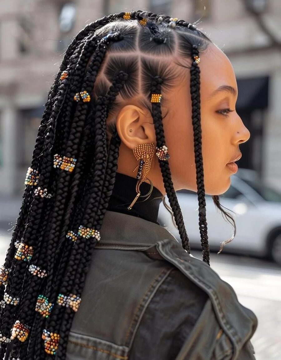 Stylish cornrows adorned with beads and flair