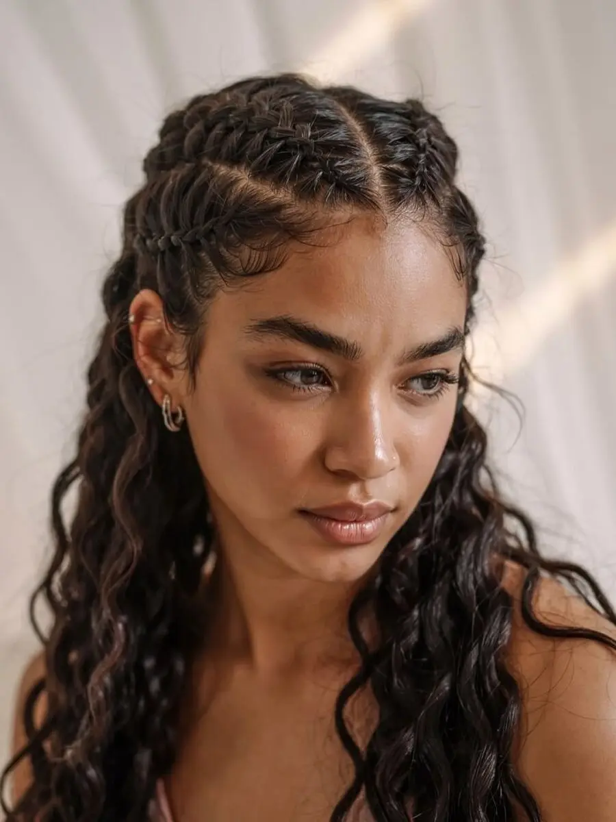 Stylish half-up cornrow hairstyle with waves