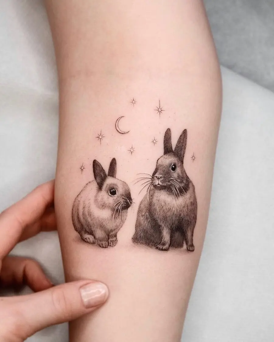 Charming rabbits surrounded by stars and moon