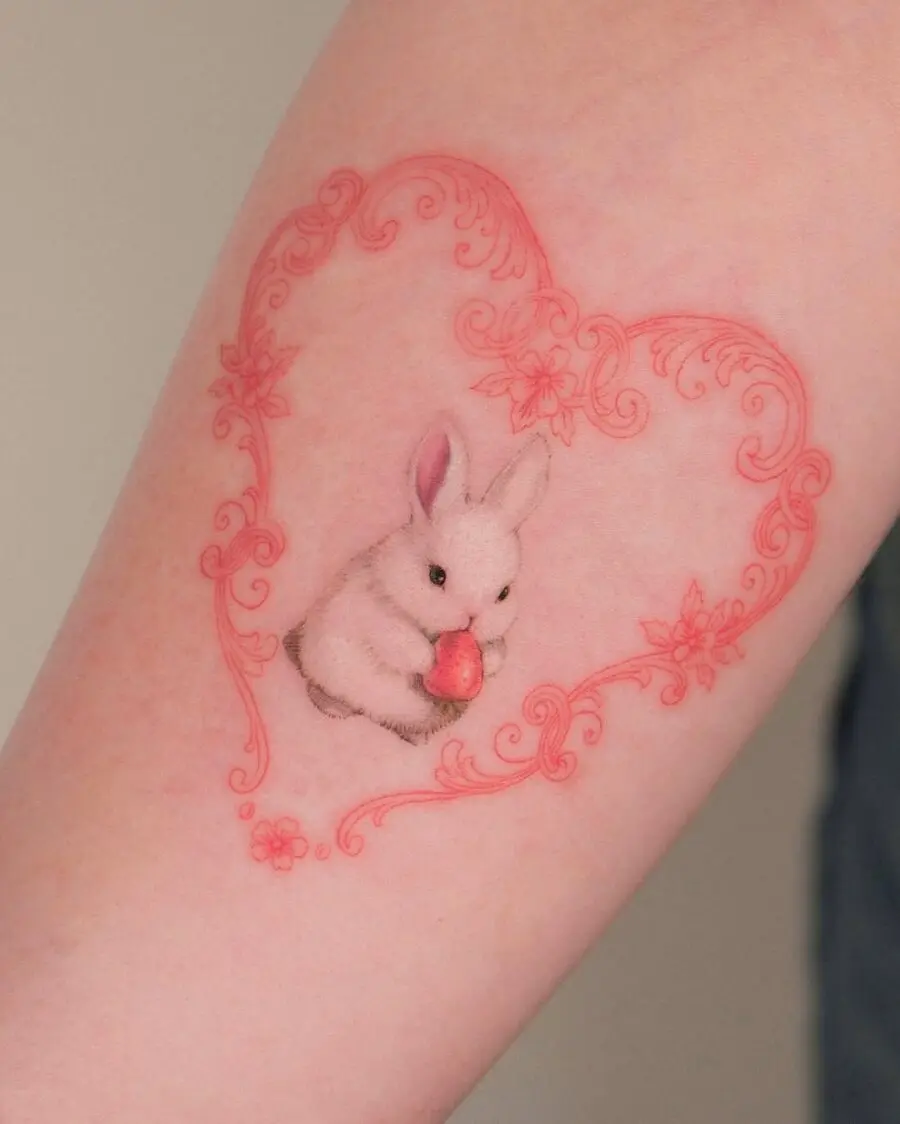 Delicate rabbit tattoo within floral heart frame