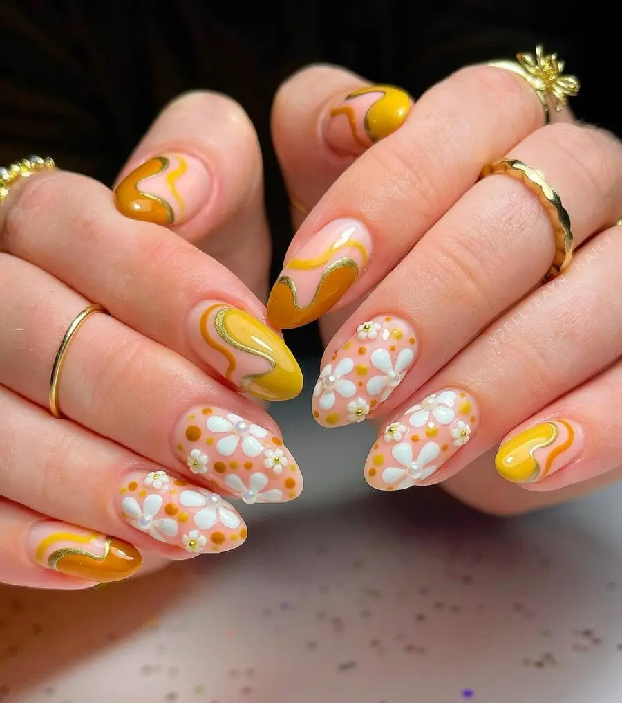 Charming Daisy Nails with Yellow Swirls