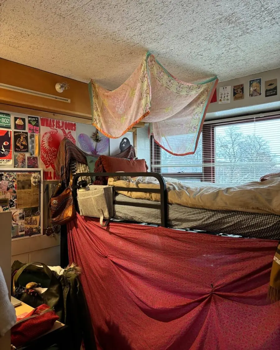 A cozy, bohemian-inspired dorm room space
