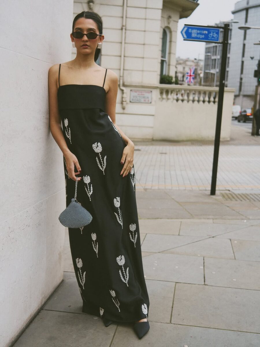 Sleek Black Dress with Floral Details