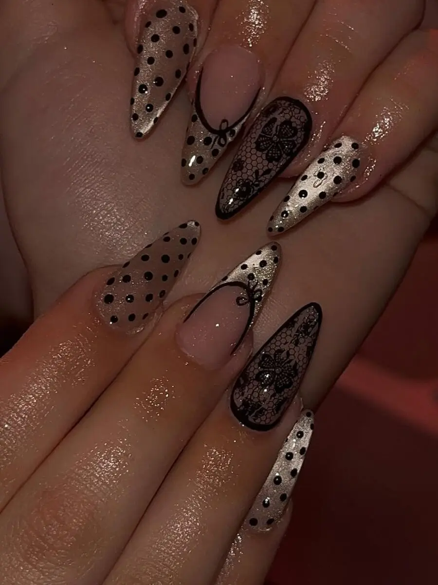 Chic black and gold polka dot nails