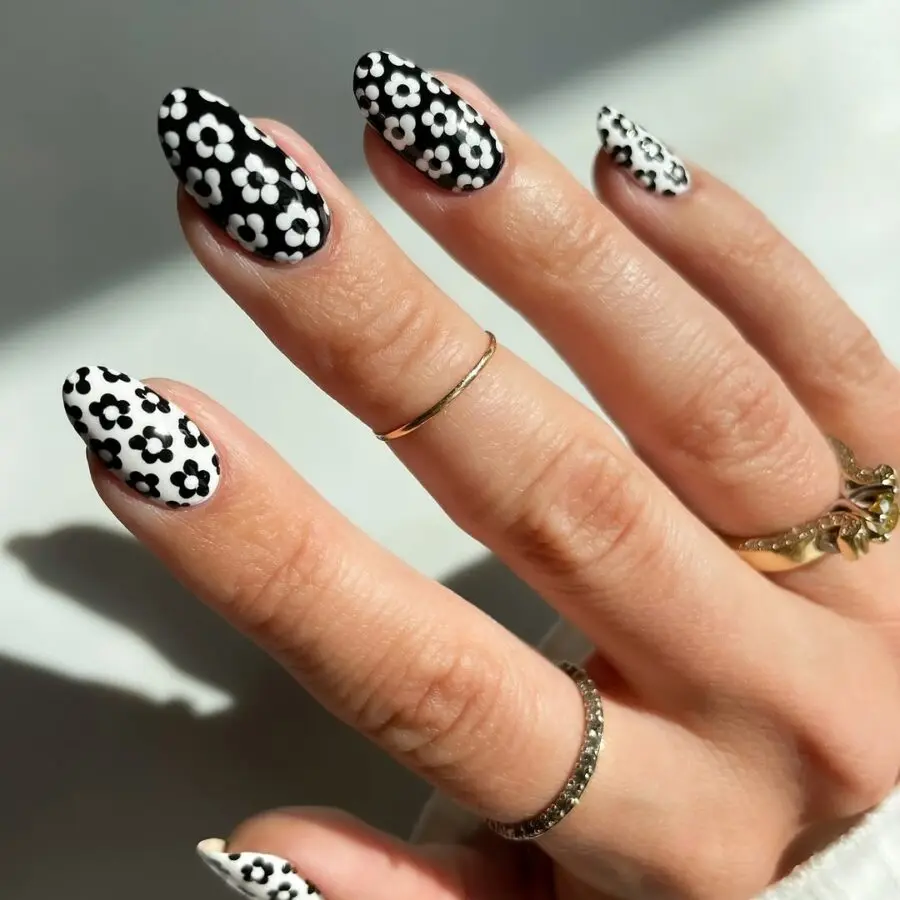 Chic Black and White Floral Nail Design