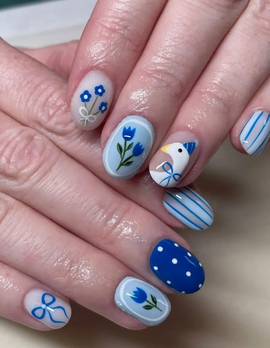 Charming blue flower nail art for spring