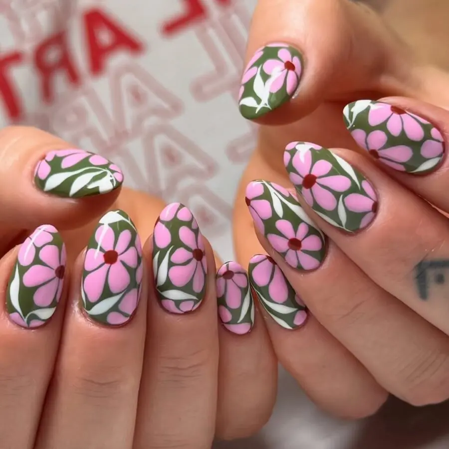 Charming floral design on stylish almond nails