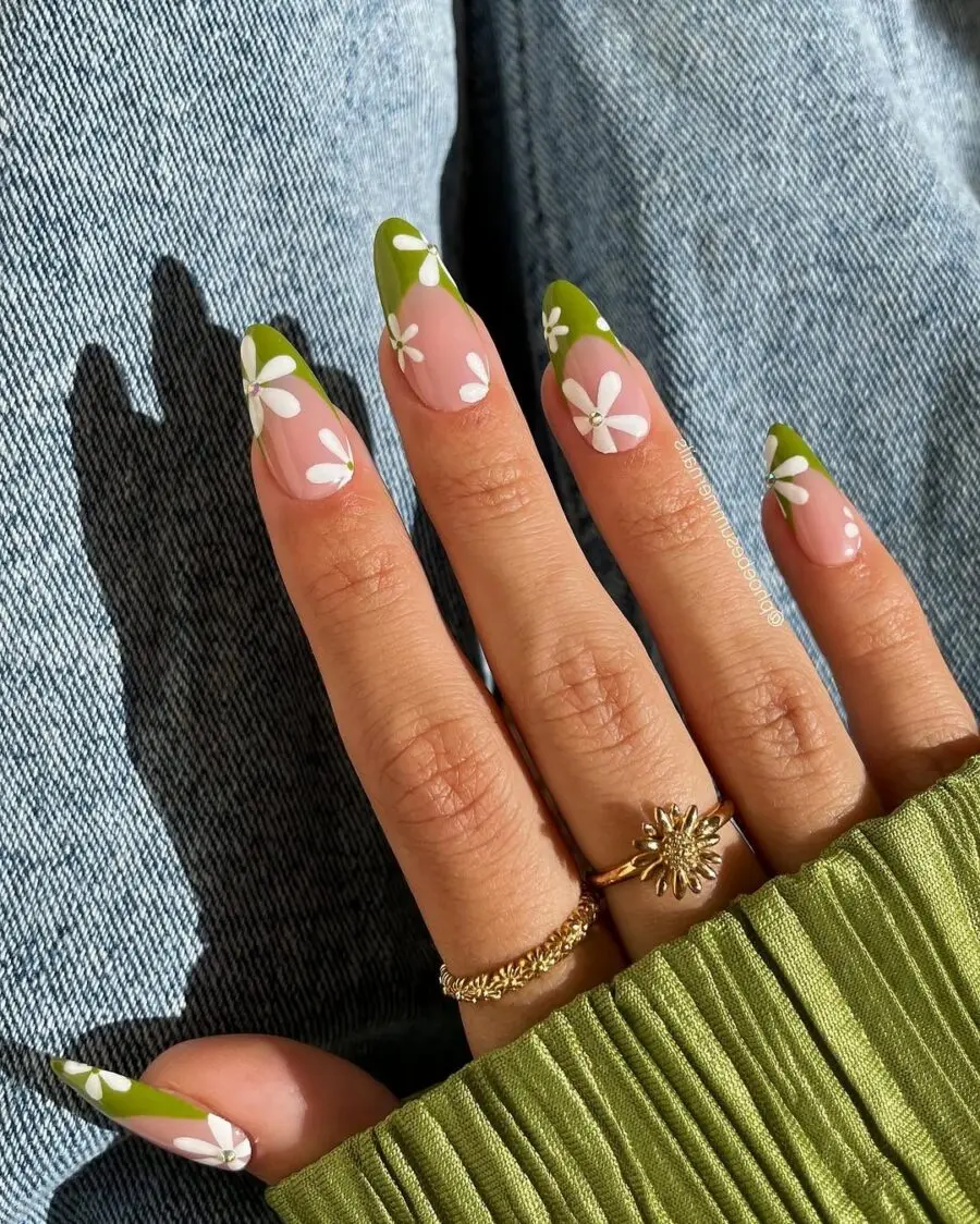 Chic Floral Nails in Green and Pink Tones