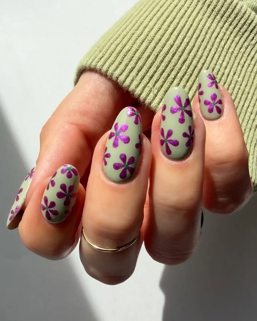 Chic grey nails with vibrant flower art