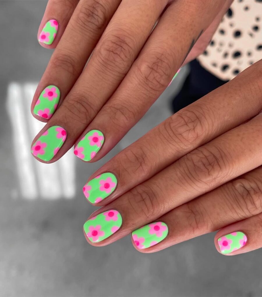 Vibrant Green and Pink Flower Nail Art