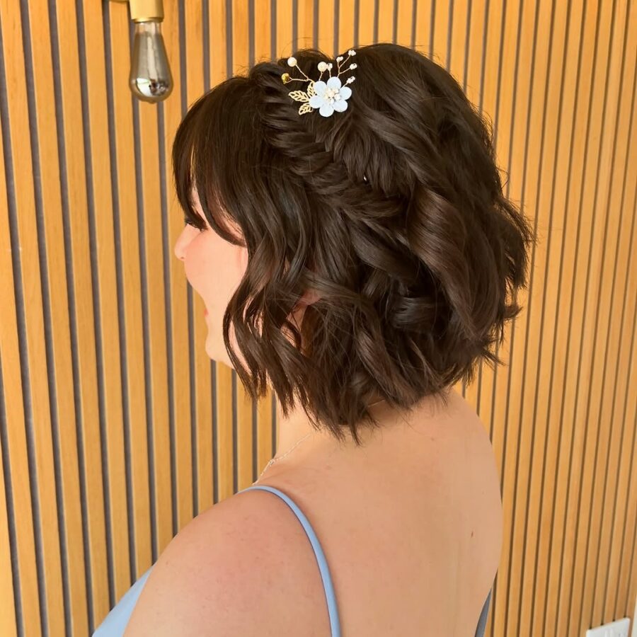 Elegant bob hairstyle with floral accents