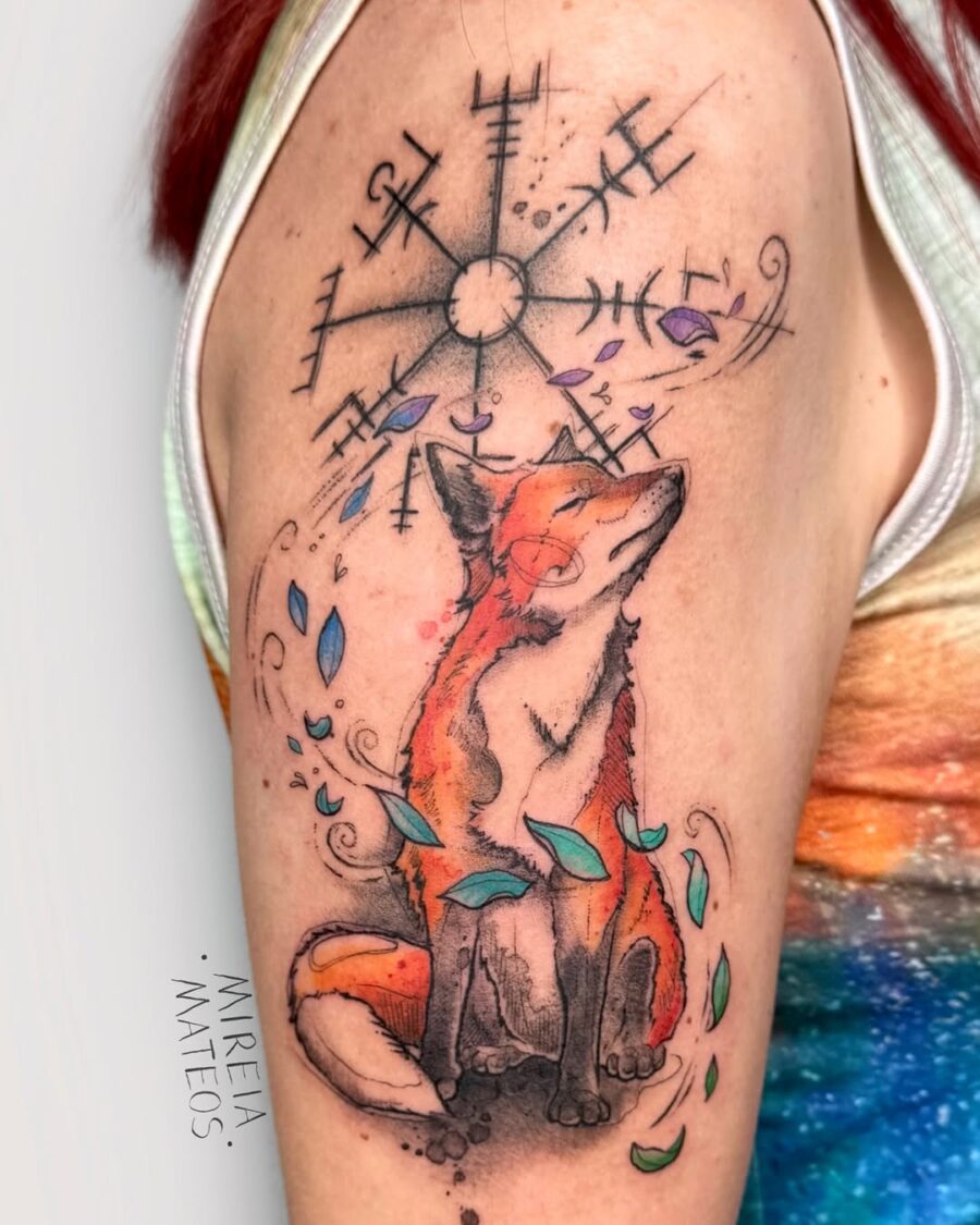Colorful Vegvisir with Fox Tattoo Design