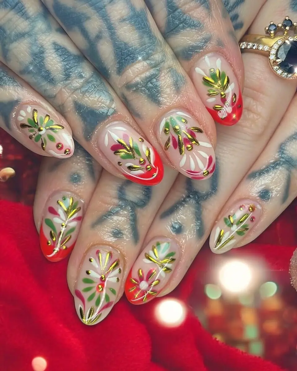 Festive gingerbread nail art with floral patterns