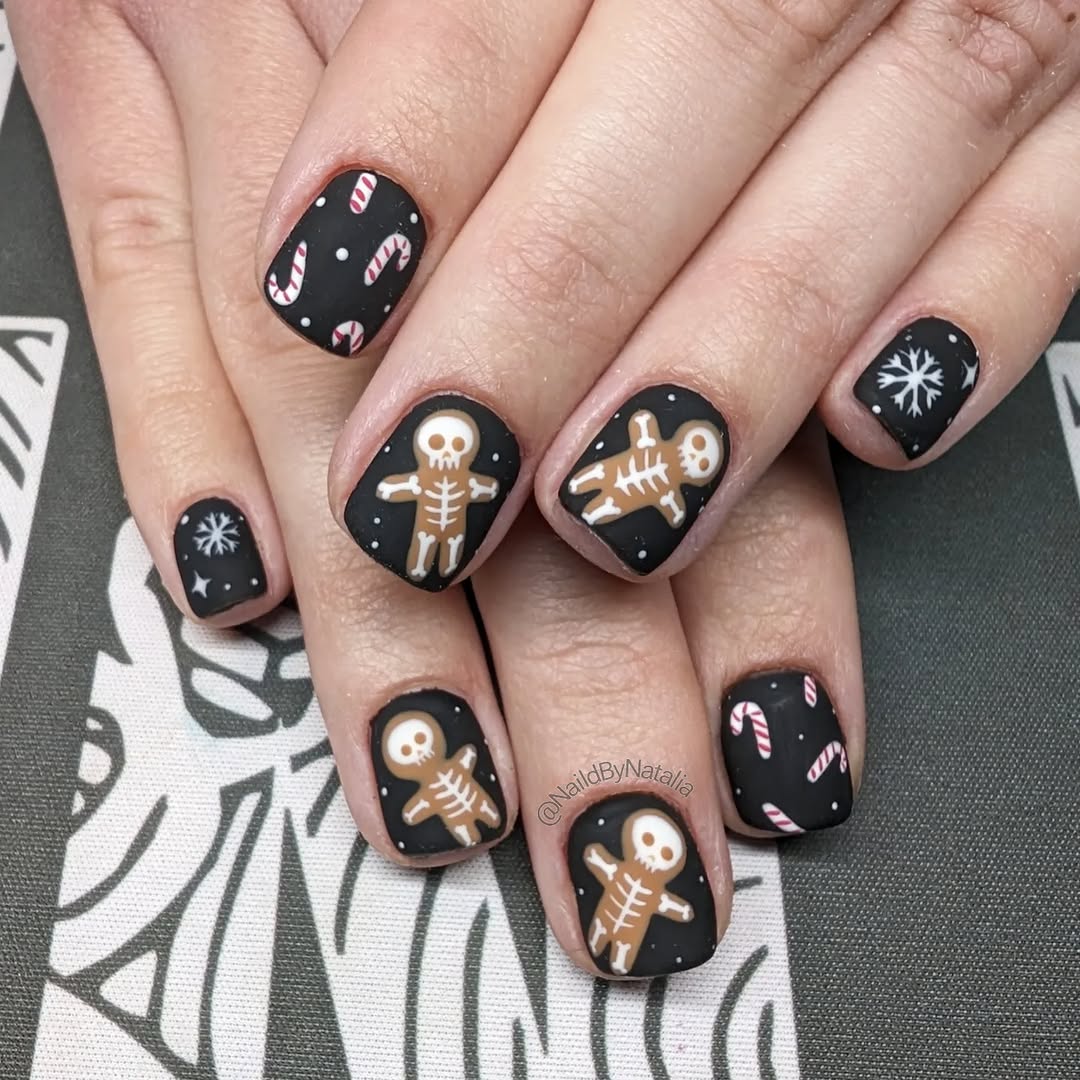 Festive gingerbread skeleton nail art design