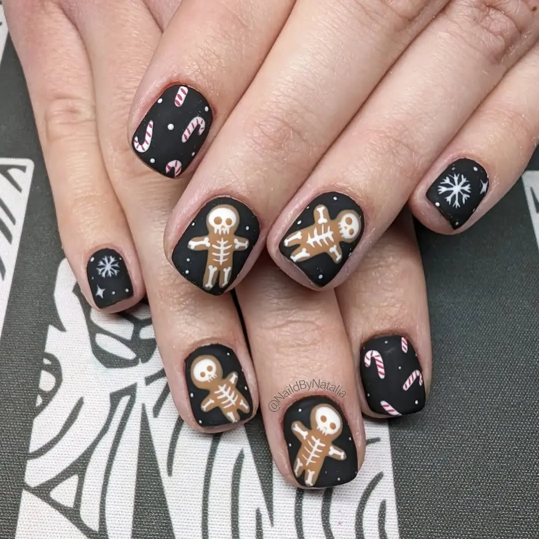 Festive gingerbread skeleton nail art design