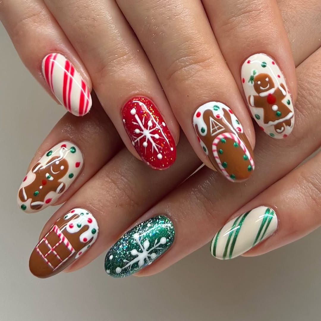 Festive gingerbread-themed nail art design showcased