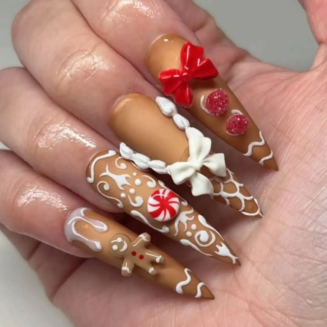 Charming gingerbread-inspired festive nail art
