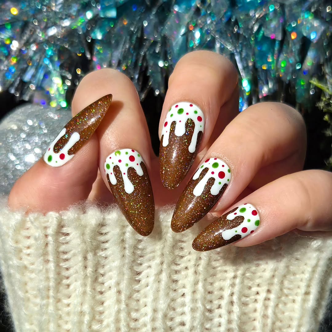 Festive gingerbread-inspired nail art in vibrant hues