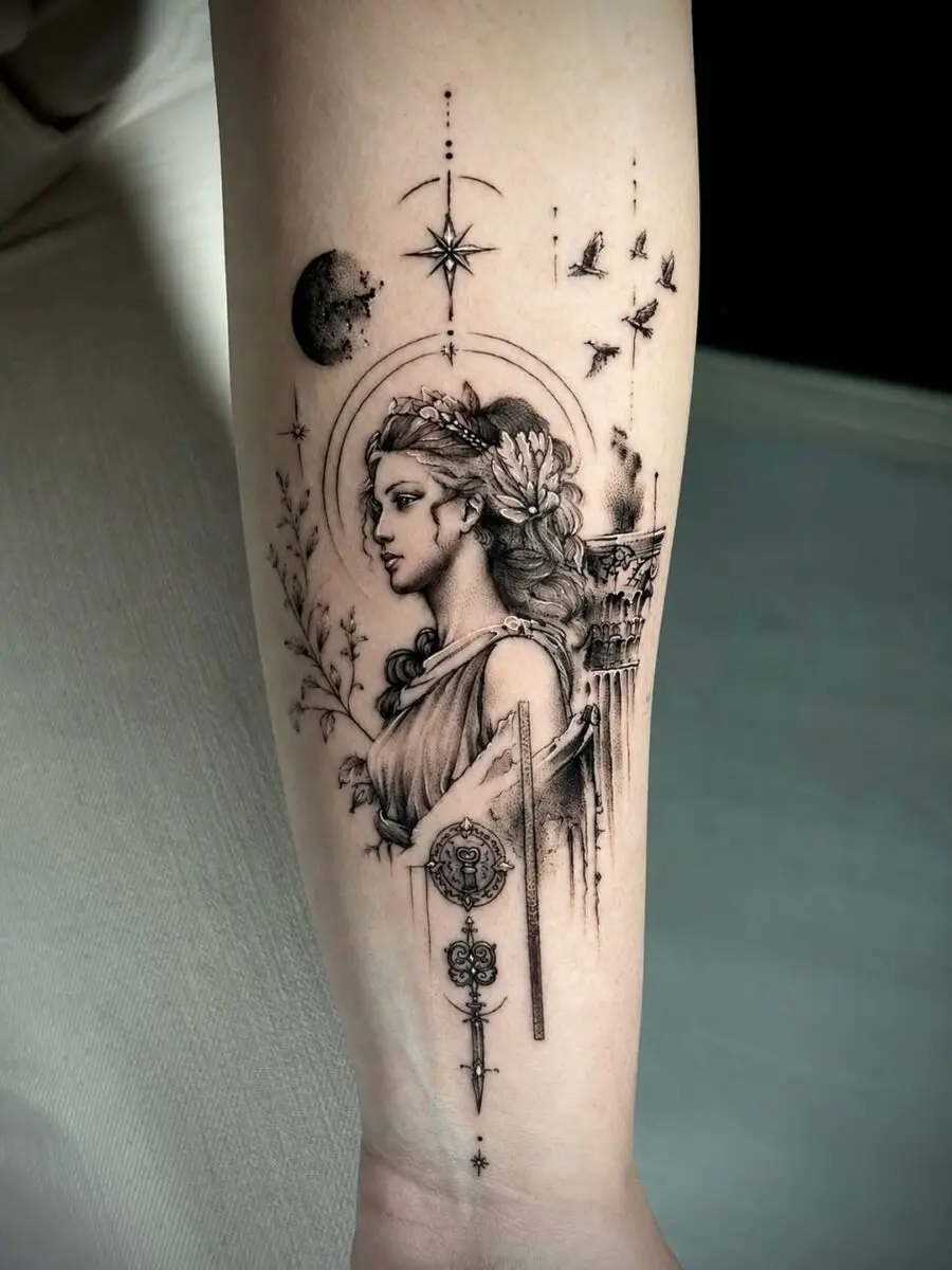 Elegant depiction of a Greek goddess tattoo