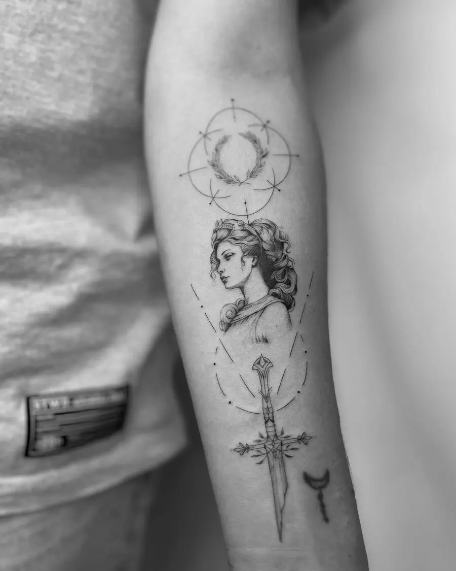 Elegant Greek goddess tattoo with intricate designs