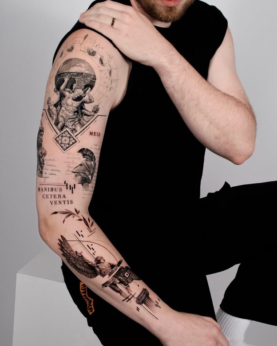Intricate Greek gods tattoo design on arm
