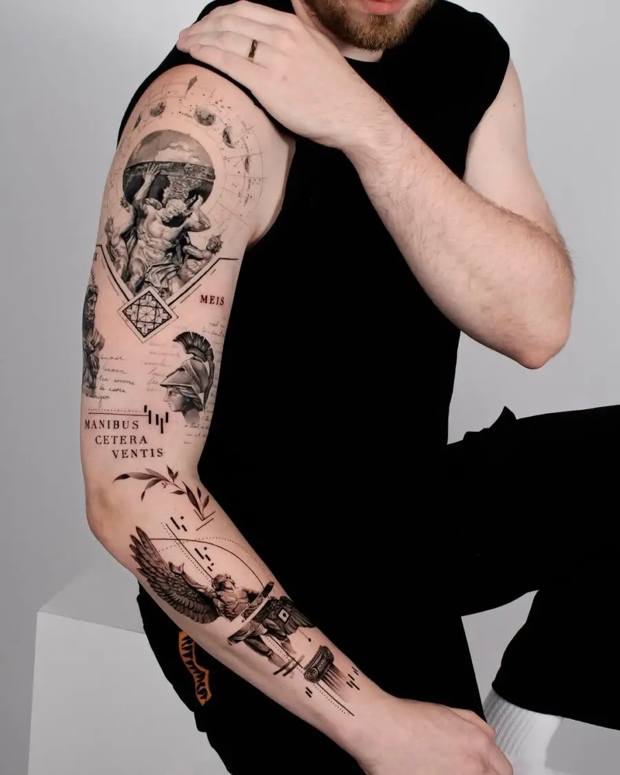 Intricate Greek gods tattoo design on arm