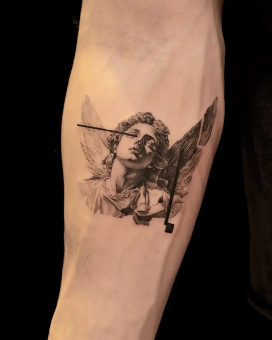 Stunning angelic figure tattoo in monochrome.