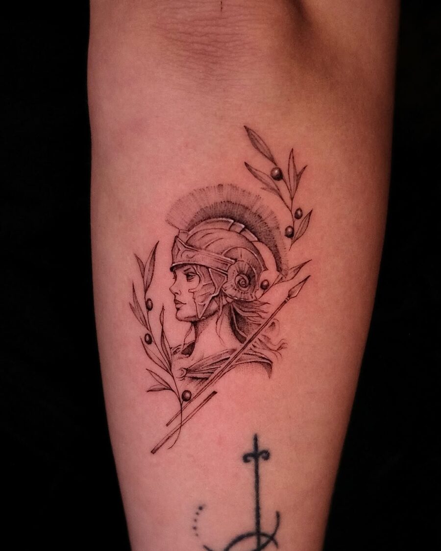 Intricate Athena tattoo with olive branches