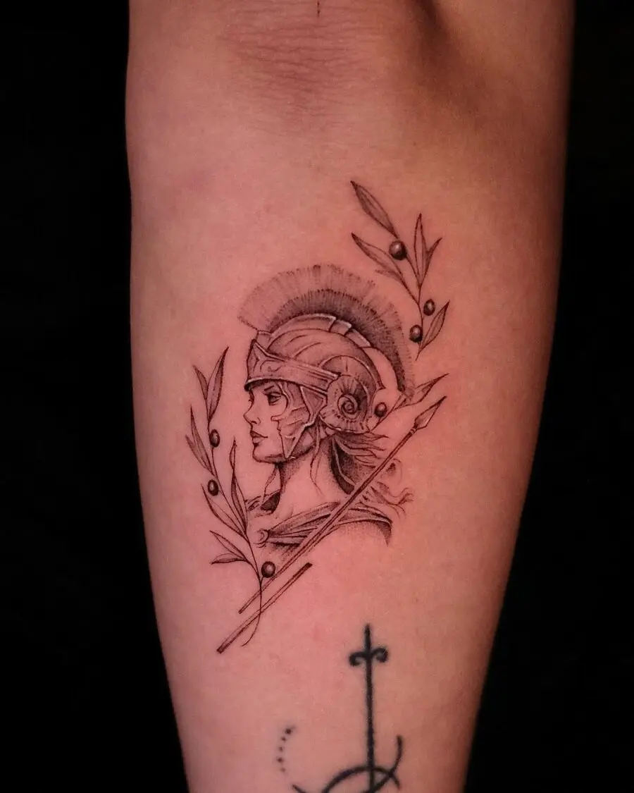 Intricate Athena tattoo with olive branches