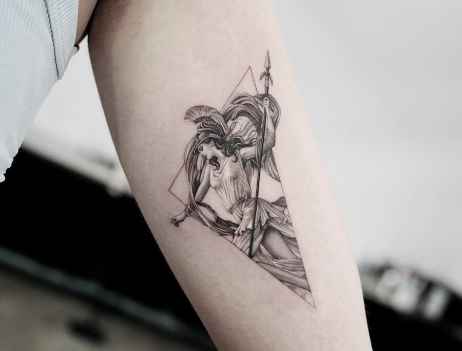 Intricate tattoo of Athena showcasing her strength